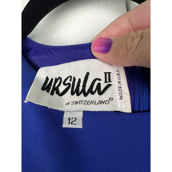 Vtg 80s Ursula of Switzerland Size 12 Blue Chiffon Drape Sequin Shoulder dress - Picture 4 of 10